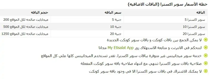 أسعار الباقات الإضافية من سوبر كونكت